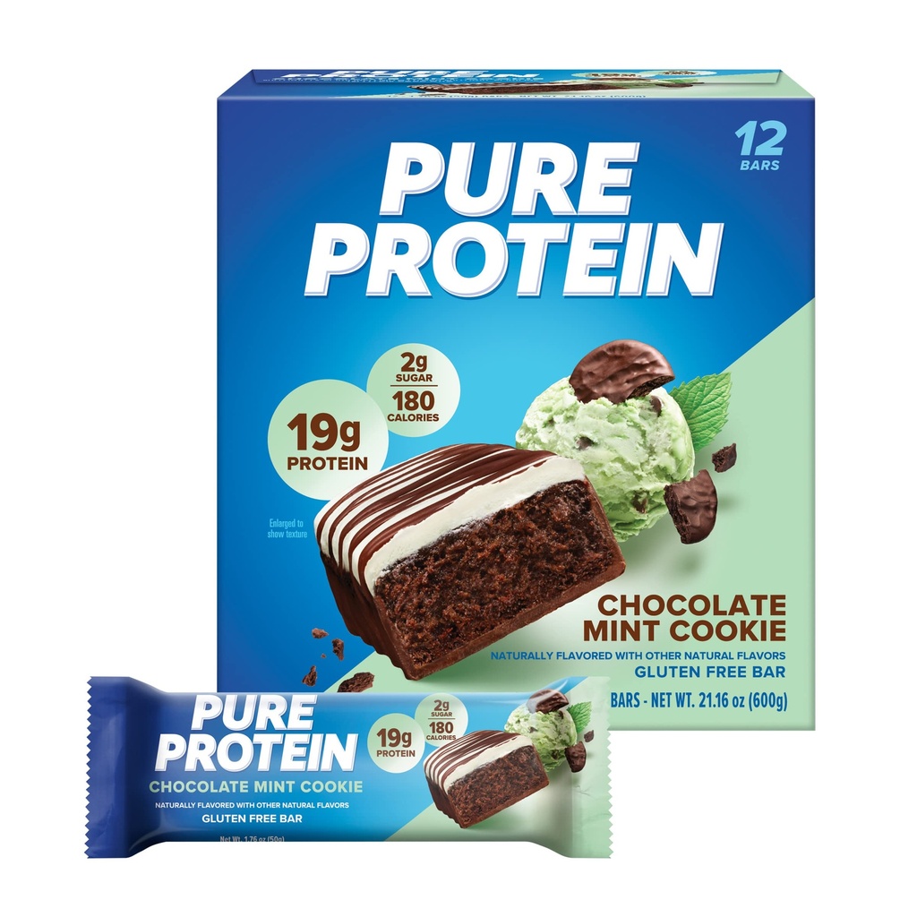 Pure Protein Bars, High Protein, Nutriøs Snacks til støtte for energi, Lavsukker, Gluten gratis, Chokolade Mint Cookie, 1.76oz, 12 Greve (Packaging May Vary)