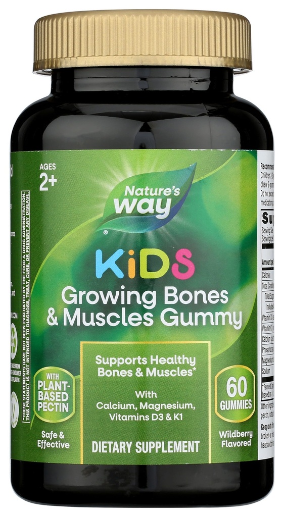 Nature 's Way Kids Growing Bones & Muscles Gummies, Understøtter sunde Bones & Muscles *, Calcium, Magnesium, Vitamin D3 & K1, Age 2 +, Wildberry Flavored, 60 Gummies (Packaging May Vary)