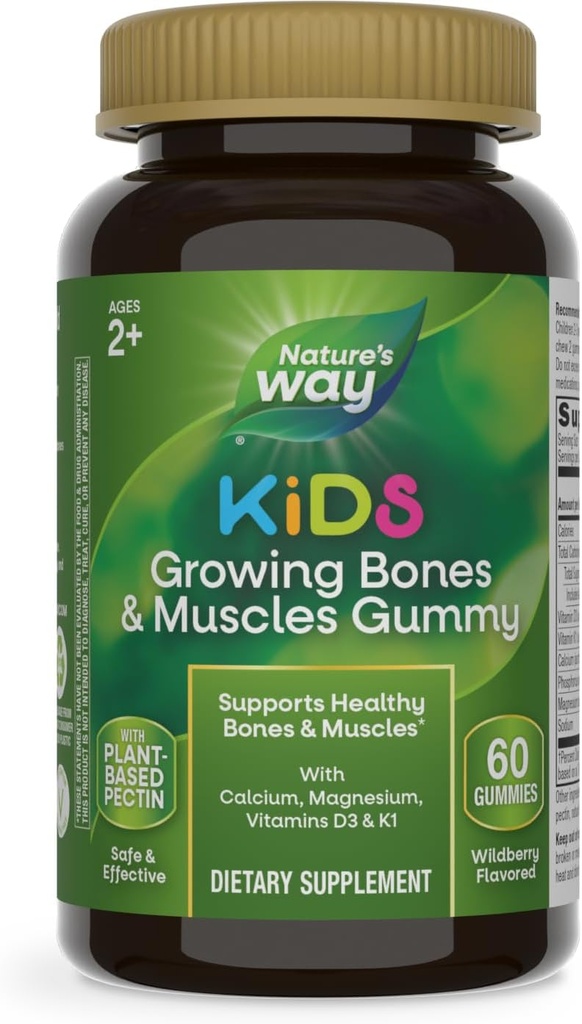Nature 's Way Kids Growing Bones & Muscles Gummies, Understøtter sunde Bones & Muscles *, Calcium, Magnesium, Vitamin D3 & K1, Age 2 +, Wildberry Flavored, 60 Gummies (Packaging May Vary)