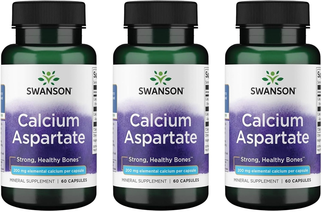 Swanson Calcium Aspartat - Urtetilskud Fremme ben, hjerte, og muskelsundhed - Naturlig formel Fremme Total Body Wellness - (60 Capsule- 200mg Hver) (3 Pack)