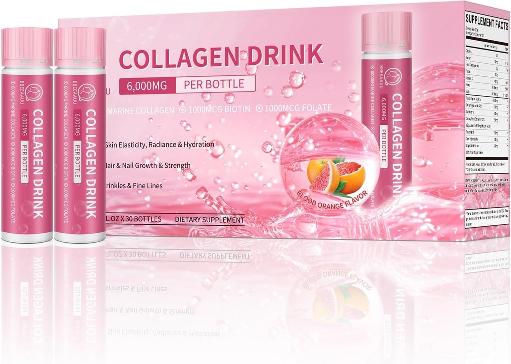 Collagen Drink with 6000 mg Marine Collagen Peptides, Liquid Collagen Shots for Women Support Beauty, Collagen Supplements for Skin, Hair and Nail Wellness, 0.85 Fl.Oz(25 ml)x30 Bottles, Blood Orange