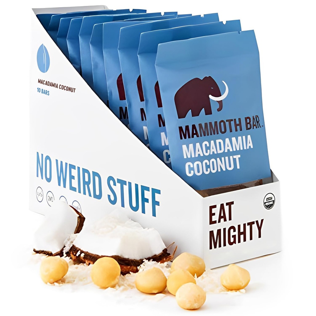 Mammoth Bar Macadamia Coconut Bar - 10 Organic Protein Bars - High Fiber • Paleo • Gluten Free • Egg Protein • GMO fri • Raw • Premium Nuts • Prebiotic