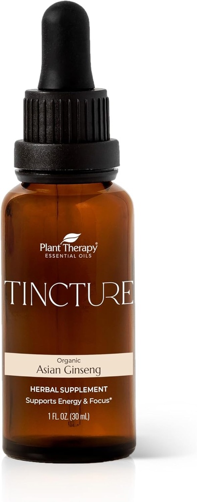 Plant Terapi Økologisk Asiatisk Ginseng Root Herbal Supplement Tinktur 30 ml (1 oz) Great for Energy, Encuages Mental Focus, Vegan, Ikke GMO, Gluten Free, Liquid, 1 flaske