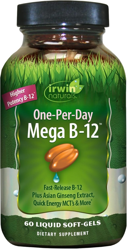 Irwin Naturals Mega B- Complex - 60 Liquid Softgels - Vitamin B Complex med vitamin B12, Folate B9, Biotin B7, B1, B2, B3, B5, B6, og Quick Energy MCTs