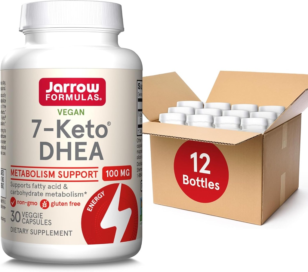 Jarrow Formulas 7- Keto DHEA 100 mg, Kosttilskud til Fedtsyre- og Kulhydrat Metabolisme Support, 30 Veggie Kapsler, 15 - 30 Day Supply, Pakning med 12