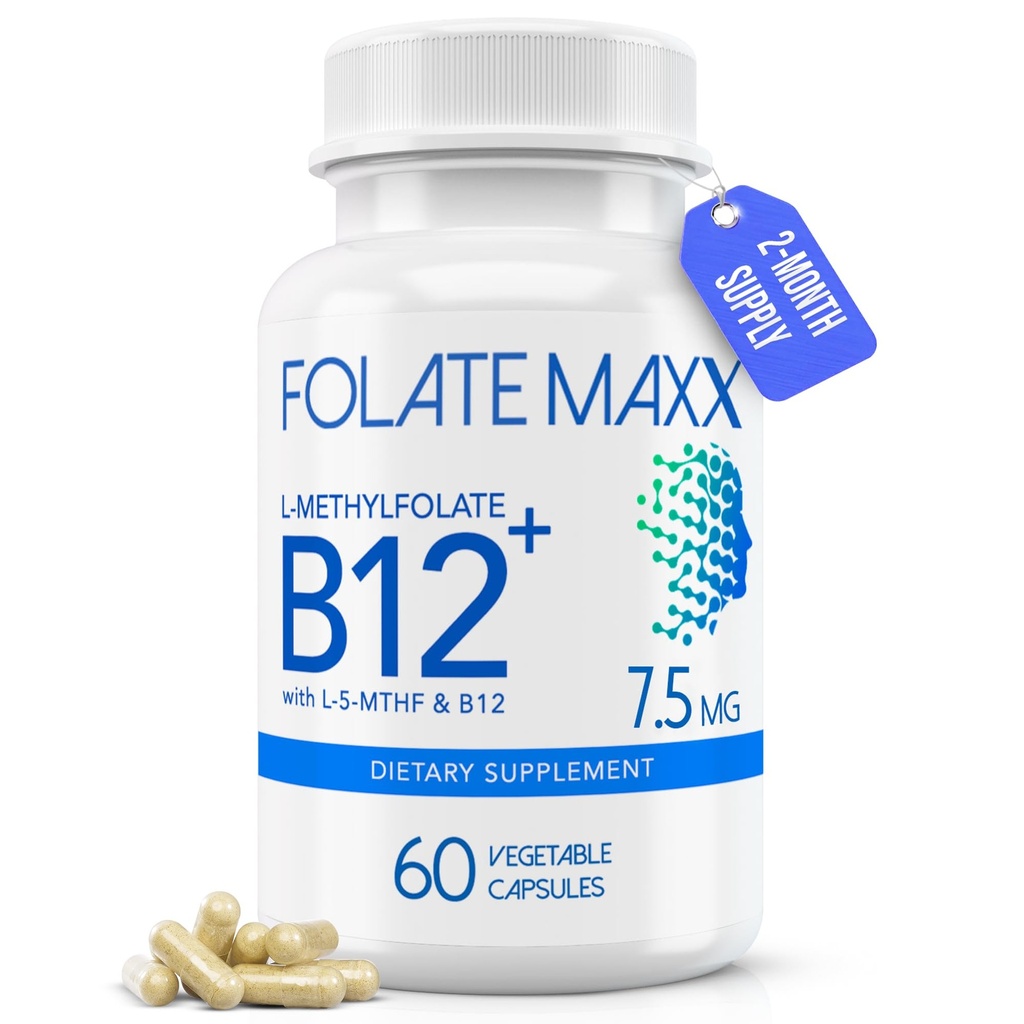 L- Methylfolat + B12 Methylcobalamin Blend 7, 5 mg - 60 Kapsler - Aktiv folinsyre & Metyleret B12- 5 - MTHF & B12 Supplement for mænd og kvinder - Ikke GMO, Gluten Free, No Fillers
