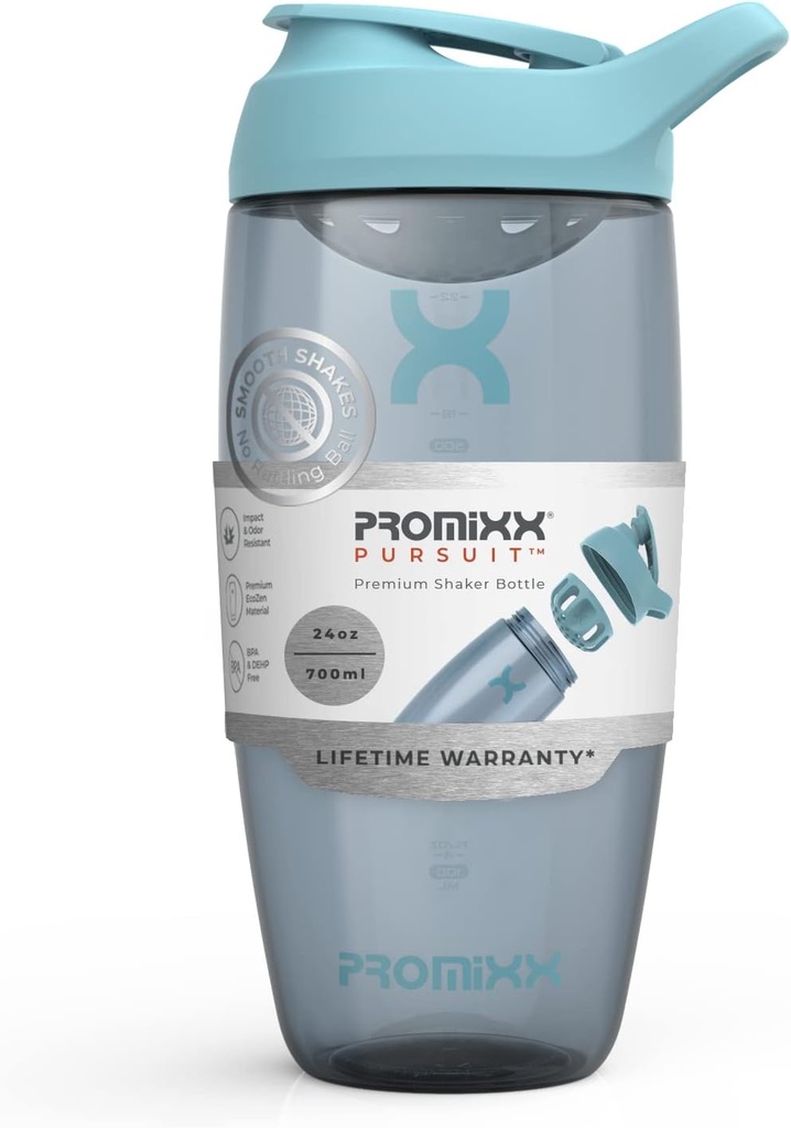 Promixx Pursuit Protein Shaker Flaske (24 oz) - Silent No- Ball Mixer, Leak- Proof Lid, BPA / BPS & Phthalate- Free ECOZEN - Easy- Clean Shaker Cup for Protein Shakes, Pre & Post- Workout Smoothies