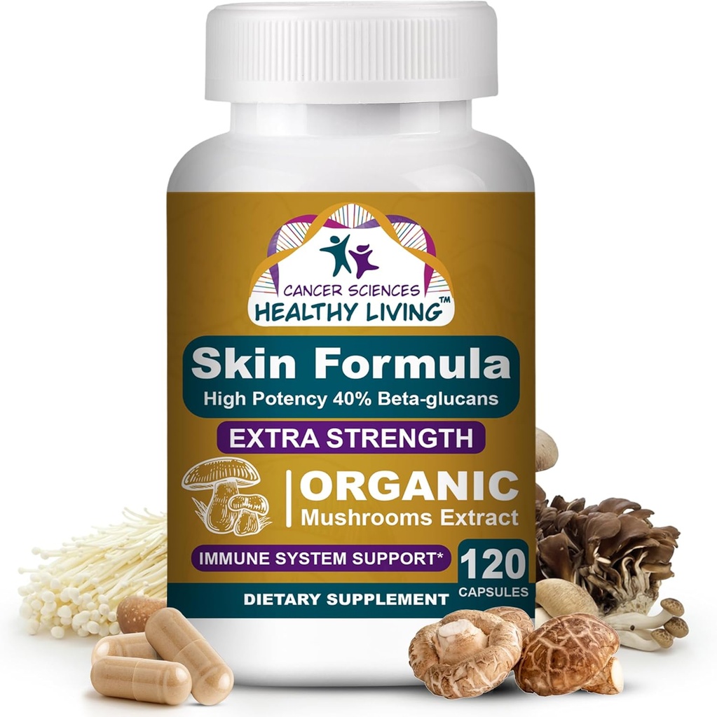 Cancer Sciences Skin Wellness Supplement, USDA Certified Organic Extract Mushrooms Supplement, Extra Strength 1.500 mg, High Potency 40% Beta- glucans, immunstøtte, glødende kompleks, 120 kapsler