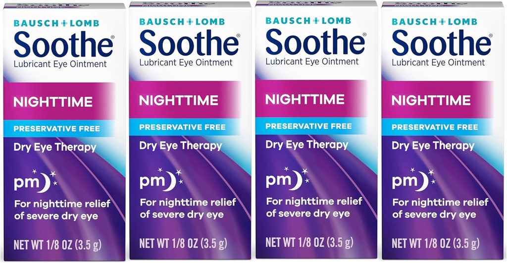 Soothe Eye Salve af Bausch & Lomb, Smøremiddel Relief for tørre øjne, Fugtgivende & Komprimerende Nighttime tørre øjne terapi, Egnet til følsomme øjne, Konserveringsfri, 3,5 g - 4 Pack