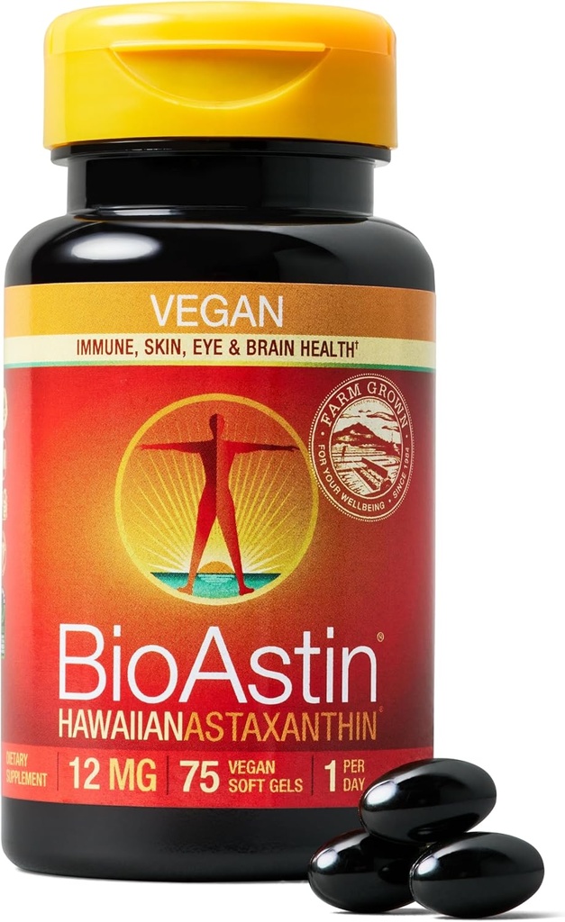 Nutrex Hawaii Vegan BioAstin Hawaii Astaxanthin - 12mg, 75 Softgels - Farm-Direct Premium Antioxidant supplement til støtte øje, hud, fælles & immunsystem sundhed - ikke-GMO & gluten- fri