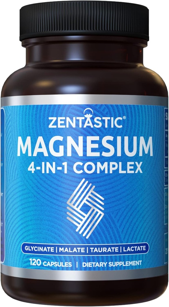 Zentastic Magnesium Complex 4- in-1 Supplement - Magnesium Glycinat, Malat, Taurat & Lactat - Chelated High Absorption for Nerves, Muscles, Bones & immunsupport - 120 Kapsler