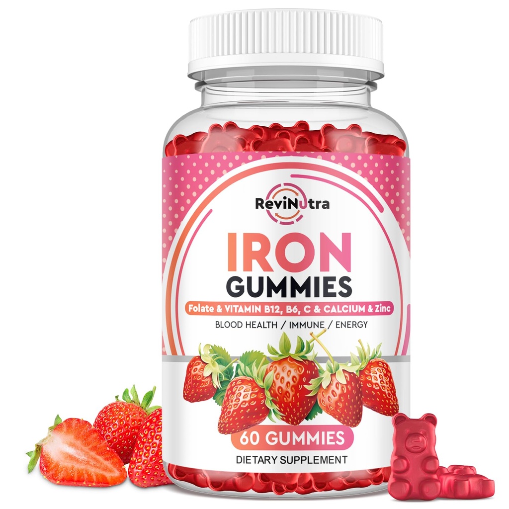 Iron Gummies - med Calcium, Zink, Folate & Vitamin B12, C, B6 for voksne & Børn - Blood Builder & Energy Support for Iron Deficiency, Anæmi, Vegan - 60 Gummies