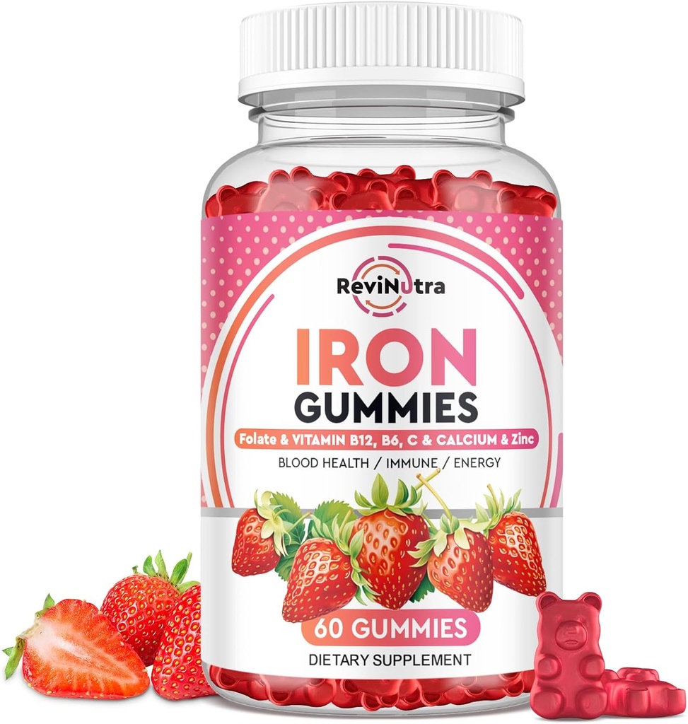 Iron Gummies - med Calcium, Zink, Folate & Vitamin B12, C, B6 for voksne & Børn - Blood Builder & Energy Support for Iron Deficiency, Anæmi, Vegan - 60 Gummies