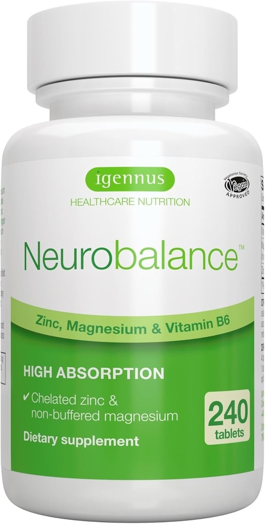 Igennus Neurobalance Høj Absorption Zink Magnesium & B6 Complex, Kognitiv Support, Focus & Muscle Recovery, 24mg Chelated Zink Picolinate, Alle dage Nutrient Levering, Vegan, Non- GMO, 240 tabletter