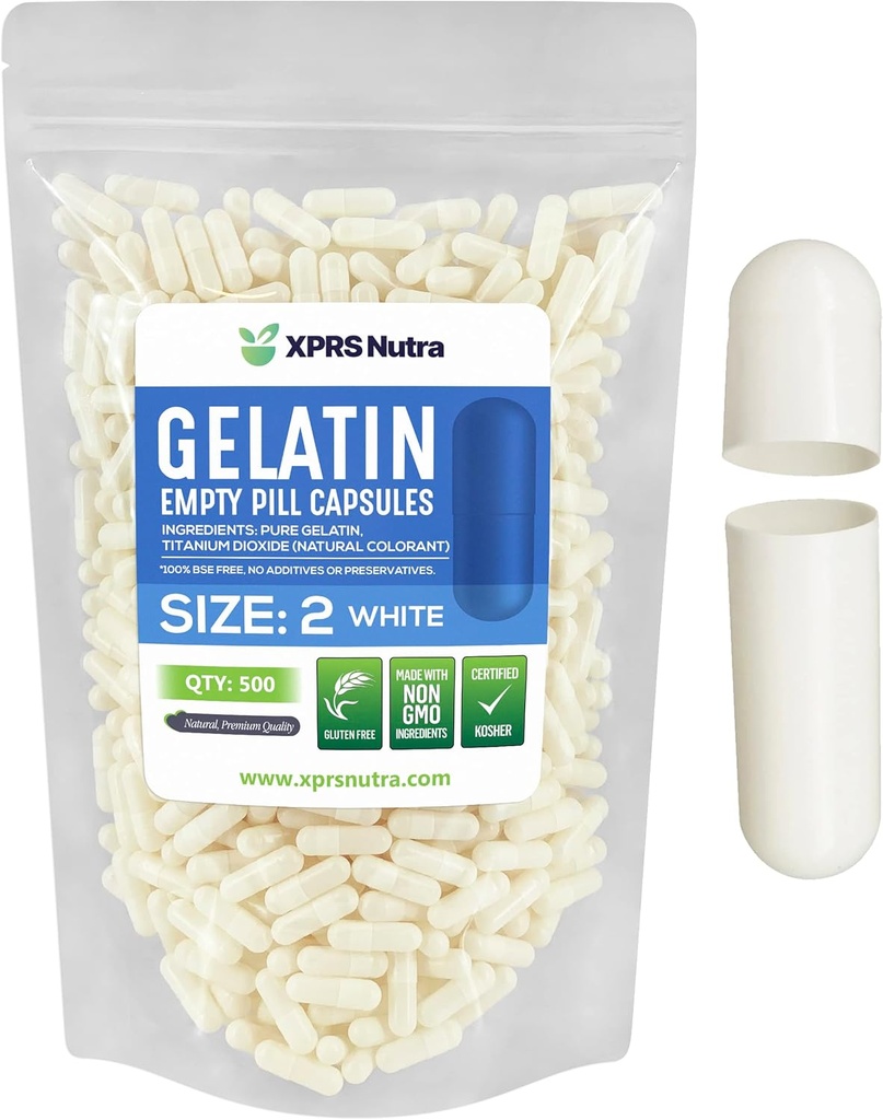 XPRS Nutra Størrelse 2 Tomme kapsler - 500 Tomme Gelatine kapsler - Piller gør det - Pure Bovin Pill Gel Caps til Do- It- Yourself Kosttilskud (hvid)