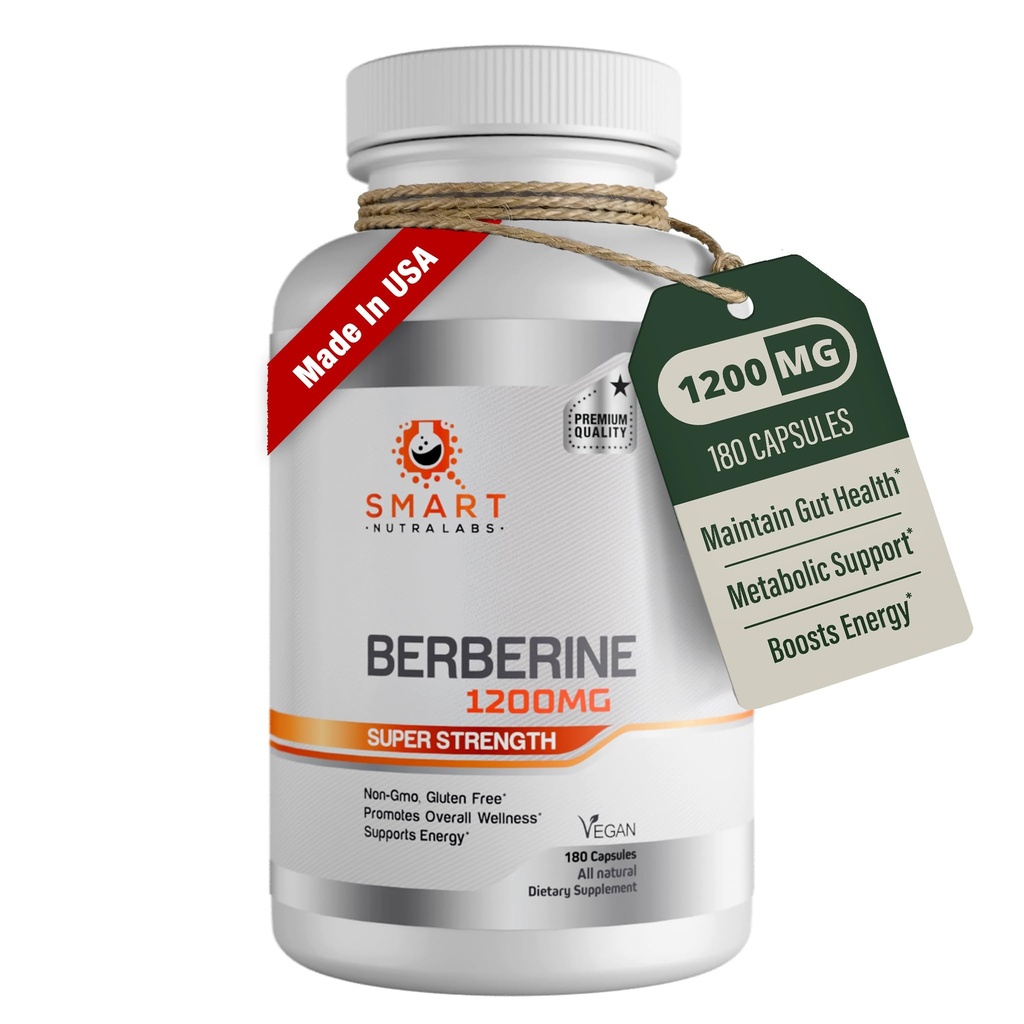 Smart Nutra Labs Premium Berberine HCL 1200mg- 180 Vegankapsler, 100% Pure Berberine Supplement- Non- GMO, Gluten Free