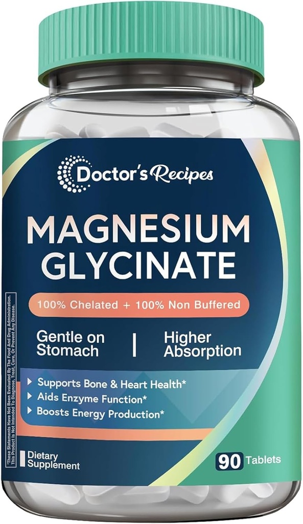 Lægens opskrifter Magnesium Glycinat, Chelated Magnesium med høj Absorption & Non- Bufferet, Easy på Mave, Ingen Gluten, Bone, Nerve & Energy Support, 90 tabletter