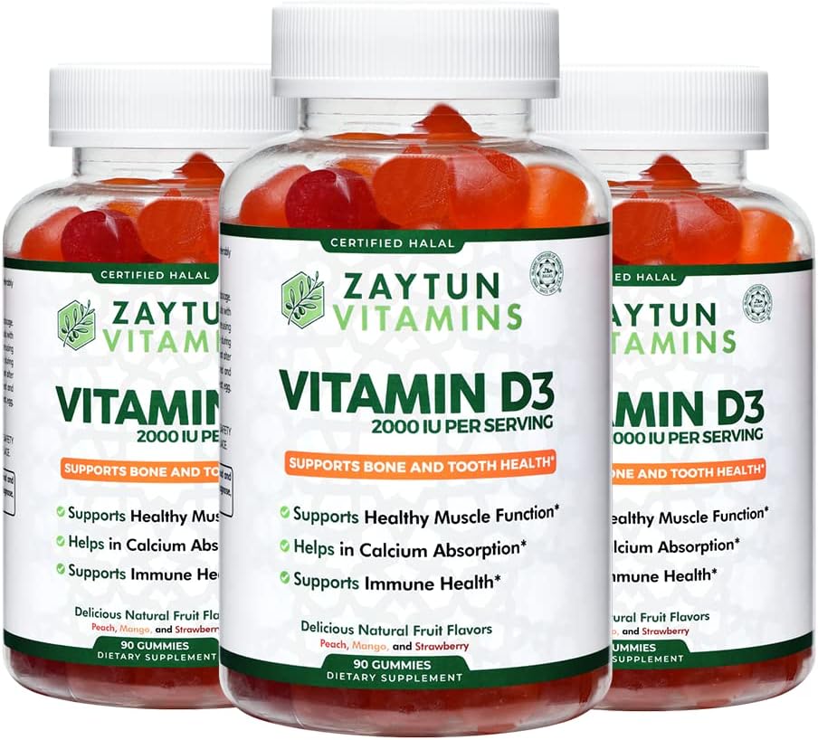 Zaytun Halal Vitamin D3 2000 IE Gummies, Understøtter ben & immunforsvar, fremmer muskelfunktion, Gluten & Gelatine Free, (3- Pack) - Made in USA