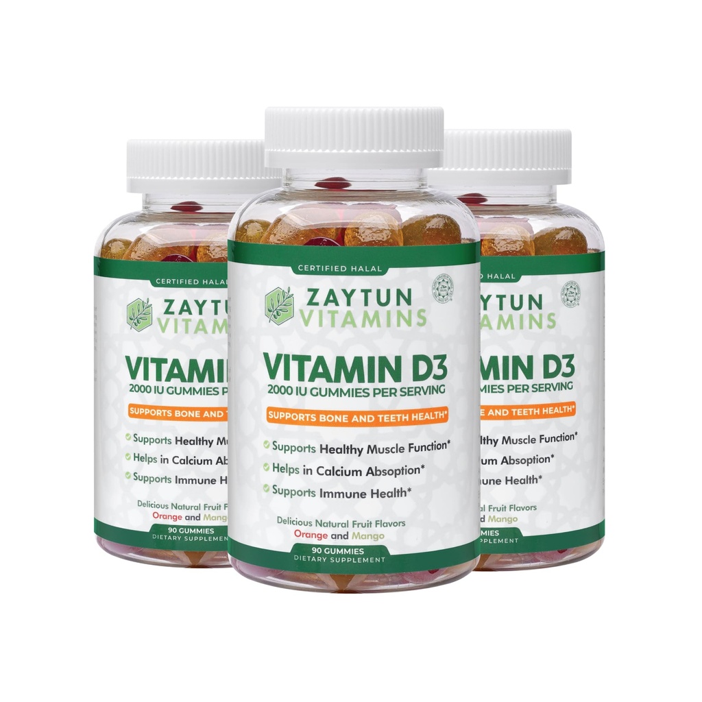 Zaytun Halal Vitamin D3 2000 IE Gummies, Understøtter ben & immunforsvar, fremmer muskelfunktion, Gluten & Gelatine Free, (3- Pack) - Made in USA