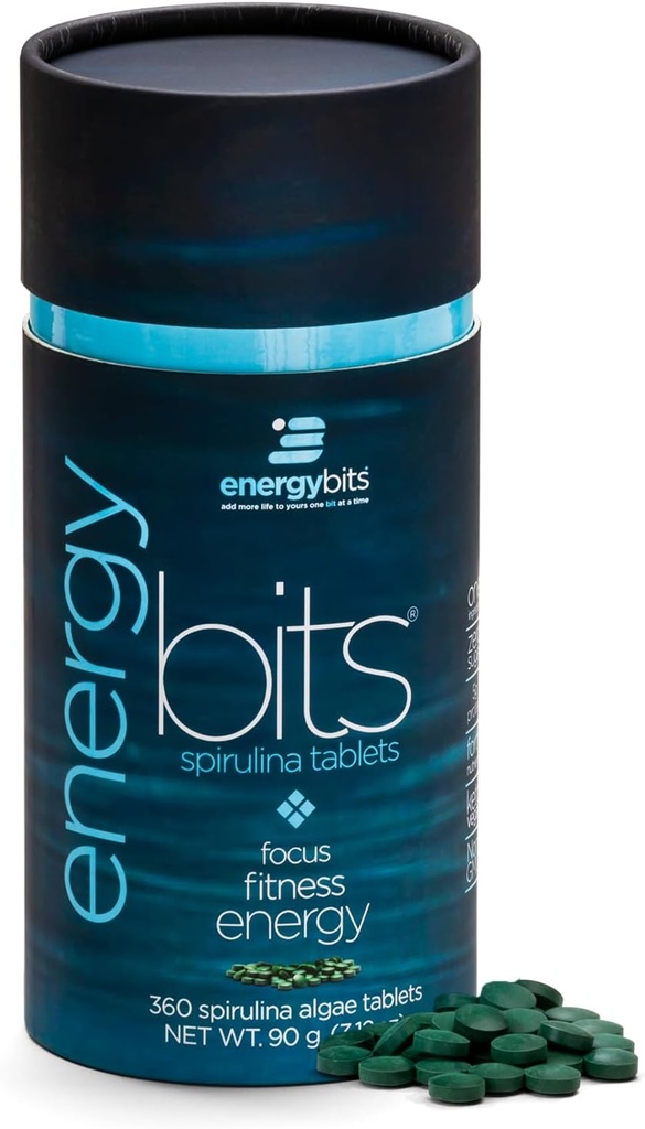 ENERGYBITS - Organic Spirulina Tablets - Plantbaseret Algae Superfood - for Focus, Fitness, Energy - Plant Protein - Gluten Free - Collagen, Vitamin B12, Omega 3 - Keto & Vegan - 360 Algae Tablets