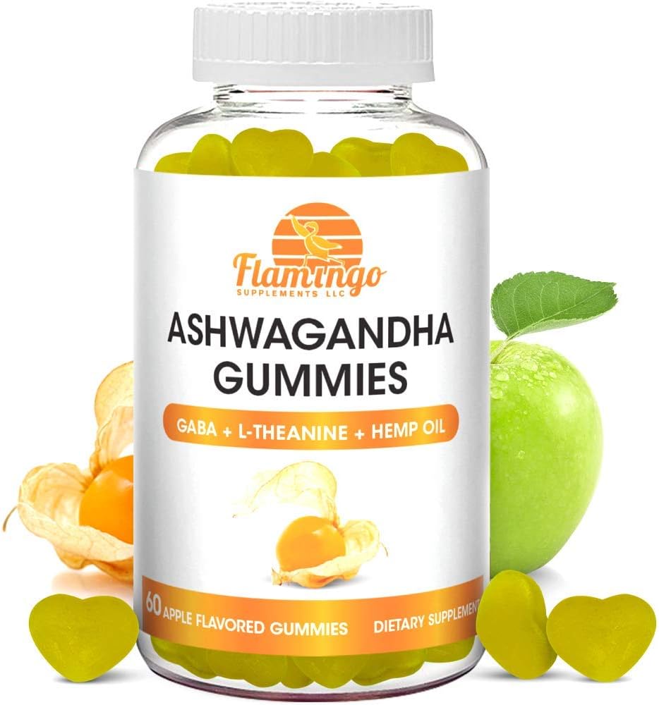 Ashwagandha Gummies med L- Theanine, GABA og Hemp- Naturlig Flavored, Vegan Ashwagandha Supplement Root Extract, L Theanine Gummy, Stress Gummy, Mood Gummy, Cortisol Manager- 60 Greve