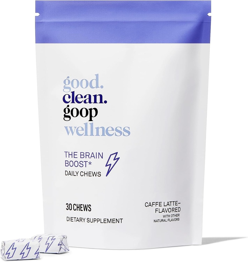 good.clean.goop wellness The Brain Boost Daily Chews Note 124; Kosttilskud til energi og Focus Note 124; L- theanine & Coffein; 124; Cafe Latte Flavored Measures 124; Brain Booster med Nootropics Measures 124; Pack of 30 Chews Measures 124; Vegan