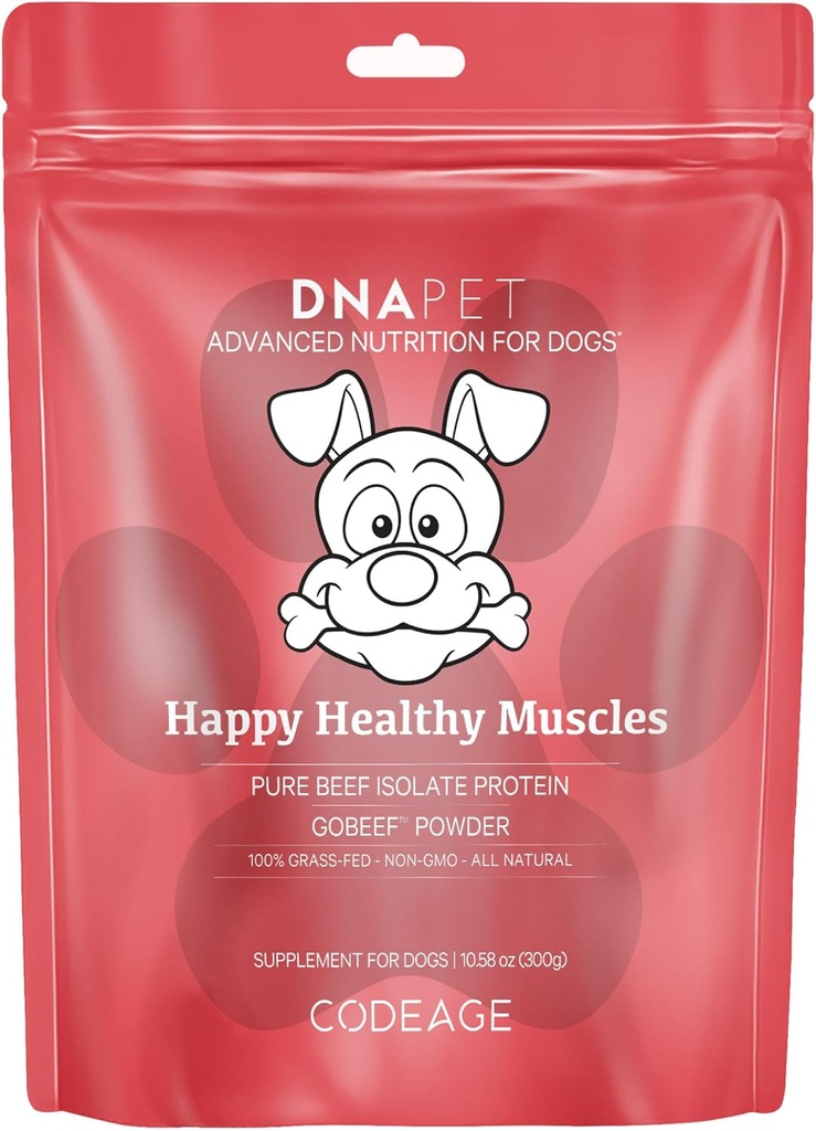 DNA-PET Happy Sunde Muskler tillæg for hunde - Grass- Fed Beef Protein Powder - Rich in Collagen og Aminosyrer - Pure Beef Isolate Protein - Alle livsstadier - Unflavored & Non- GMO - 10.58 Oz