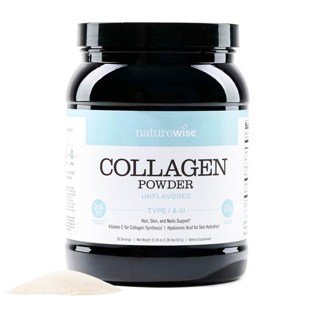 NatureWise collagen peptider pulver med hyaluronsyre og C-vitamin - Ikke-flavored collagen peptider til kvinder & mænd - Type I & III for hår, hud & negle - Sukker, gluten & mejeriprodukter fri - 30 Servering