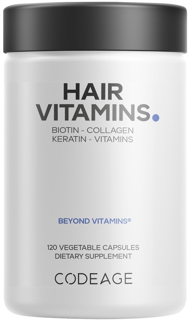 Kodeage hår vitaminer 10000 mcg biotin, Keratin, Collagen, vitamin A, B12, C, D3, E, zink, gurkemeje, probiotika, enzymer, Inositol - hårpleje support - sunde hår supplement piller - 120 kapsler