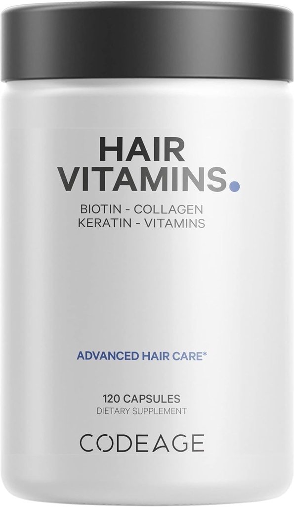 Kodeage hår vitaminer 10000 mcg biotin, Keratin, Collagen, vitamin A, B12, C, D3, E, zink, gurkemeje, probiotika, enzymer, Inositol - hårpleje support - sunde hår supplement piller - 120 kapsler