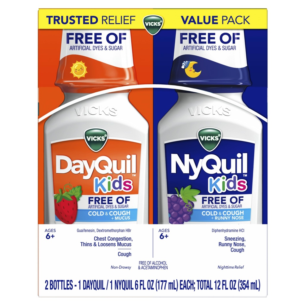Vicks Kids DayQuil & NyQuil Cold & Cough Relief Liquid Co- Pack, Gratis af kunstige farvestoffer & sukker, Multi- symptomlindring af hoste, nysen, Runny Næse, Mucus, og Chest Congestion, for alderen 6 +, 2x6oz