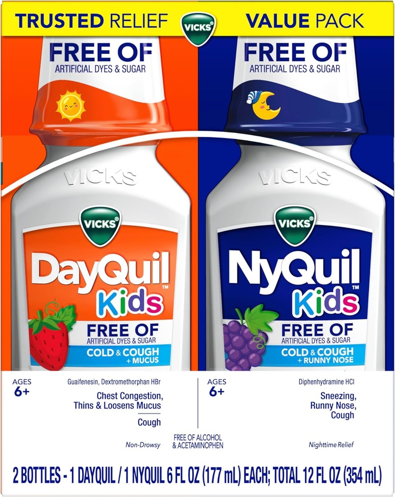 Vicks Kids DayQuil & NyQuil Cold & Cough Relief Liquid Co- Pack, Gratis af kunstige farvestoffer & sukker, Multi- symptomlindring af hoste, nysen, Runny Næse, Mucus, og Chest Congestion, for alderen 6 +, 2x6oz