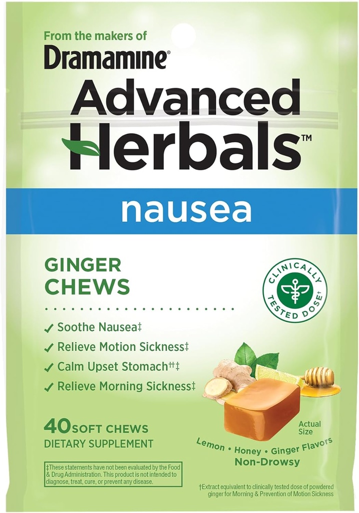 fra The Makers of Dramamin, Advanced Herbals, Ginger Chews, Kvalme Relief Soft Chews Lemon- Honey- Ginger, 40 Greve