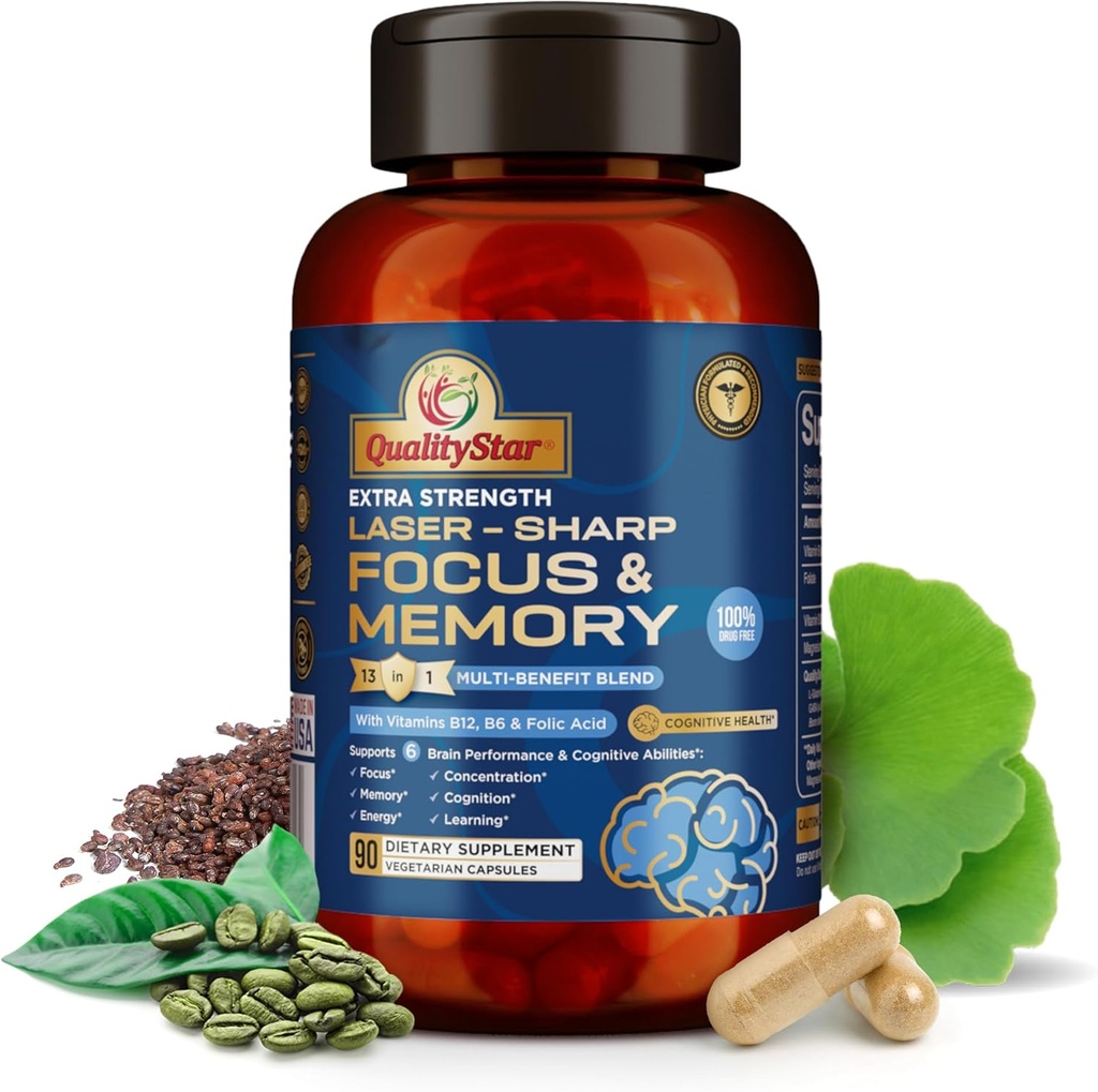 Fokus og hukommelse vitaminer, 13-i1 Multi- fordel Blend for kognitiv og hjerne sundhed, hukommelse supplement for hjerne, 90 vegetariske kapsler