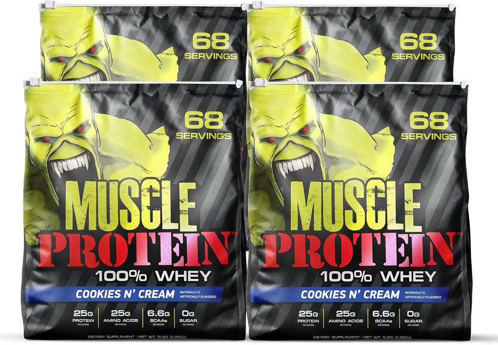 COLOSSAL LABS Muscle Whey Protein Flavored Protein Powder, 25. 000mg Aminosyrer / servering, koldfiltret (Packaging May Vary) (20 Pund (pakke med 4), Cookies & Cream)