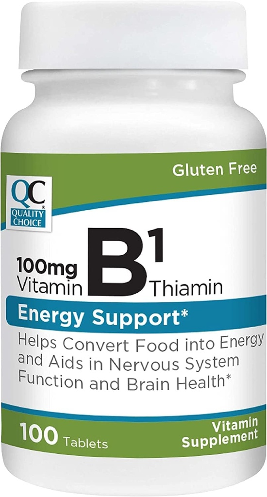 Kvalitetsvalg Vitamin B1 Thiamin 100 mg energistøtte, nervesystem funktion, & Brain Health Vitamin Supplement Tablets, 100 Count Flasker