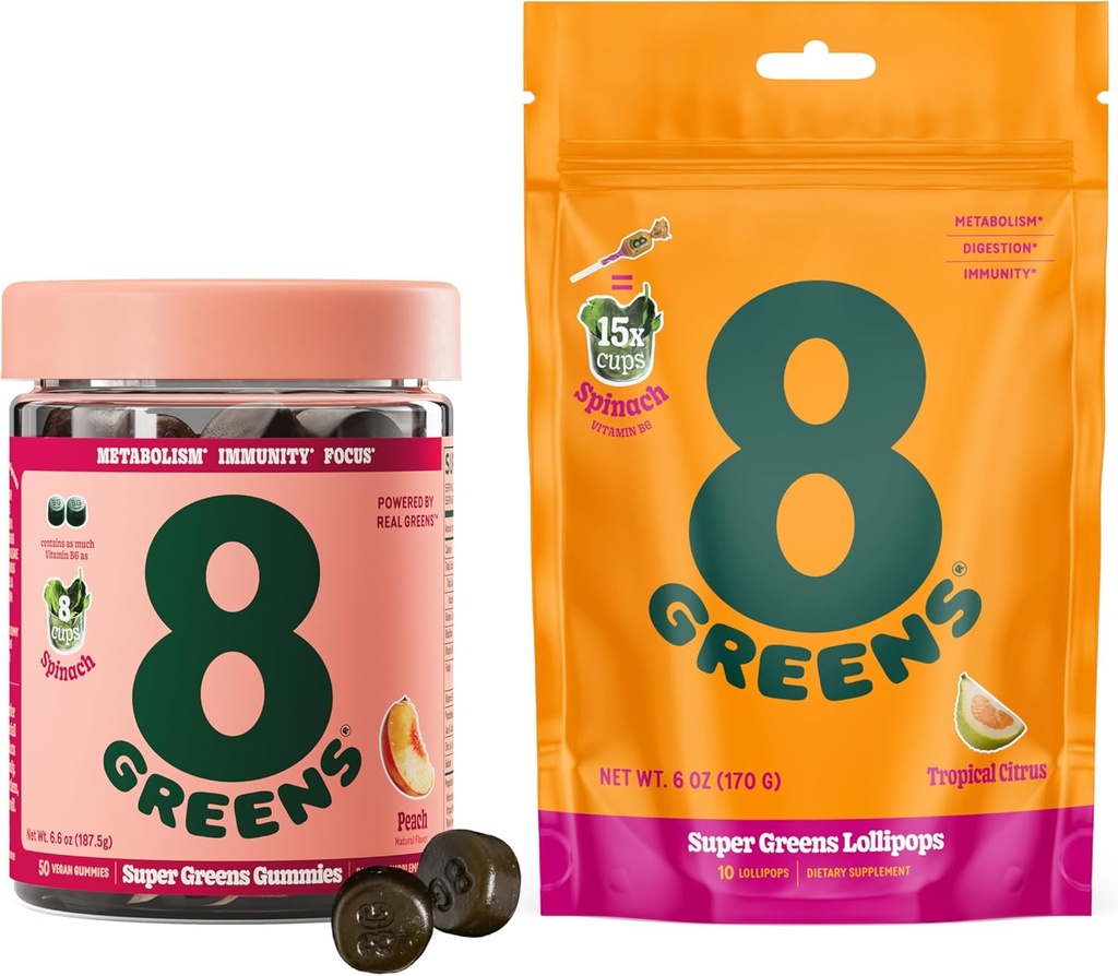 8Greens Daily Green Gummies og Lollipops, Energi & Immunstøtte, Gluten- Free, Vegan, Non- GMO, Ingen kunstige farver & flavors