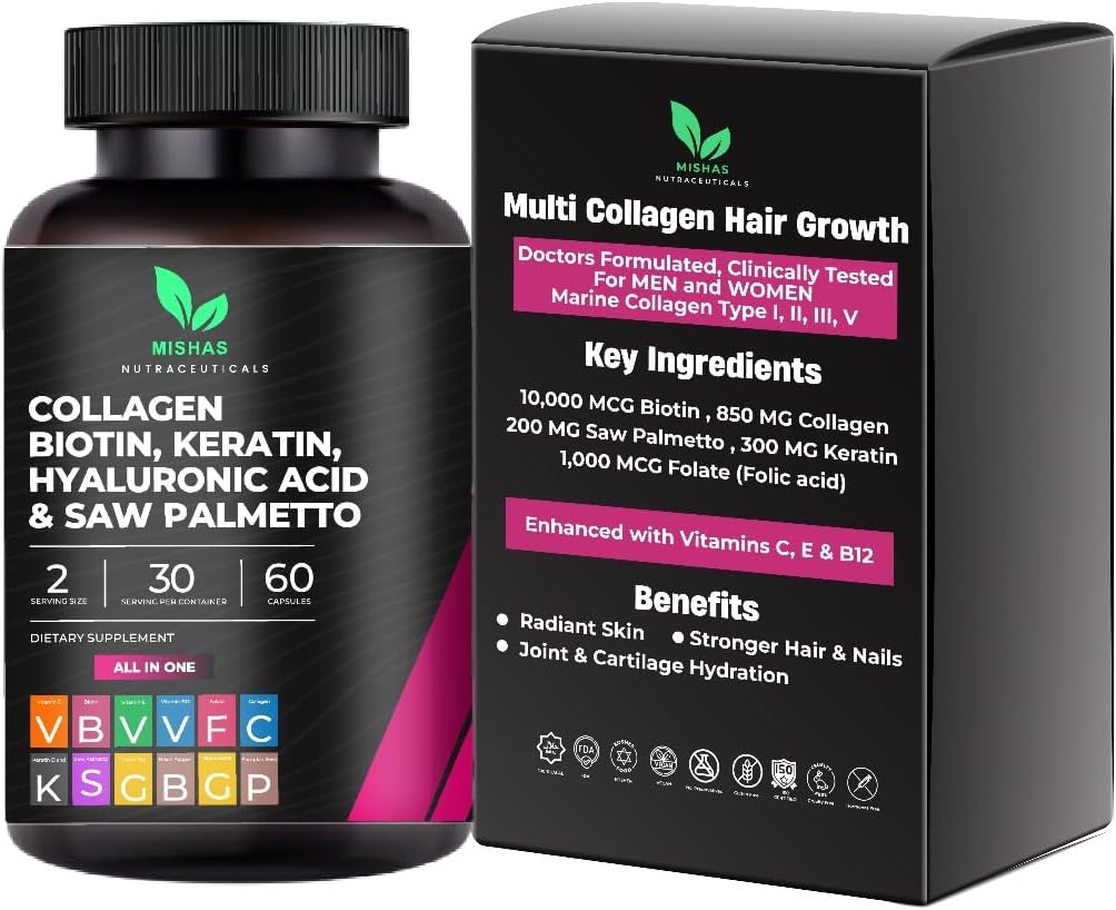 Multi Collagen hårpiller - Biotin 10,000mcg, Keratin & Hyaluronsyre - Hårvækst - Hårhud & negle Vitaminer & DHT Blocker - Vitamin E folinsyre Pumpkin Seed MSM, Saw Palmetto 60 Veganske kapsler
