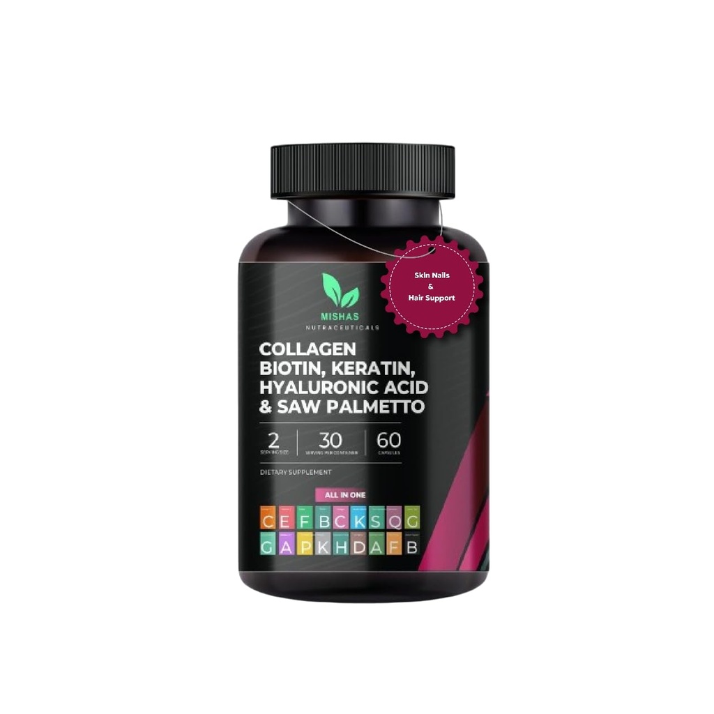 Multi Collagen hårpiller - Biotin 10,000mcg, Keratin & Hyaluronsyre - Hårvækst - Hårhud & negle Vitaminer & DHT Blocker - Vitamin E folinsyre Pumpkin Seed MSM, Saw Palmetto 60 Veganske kapsler