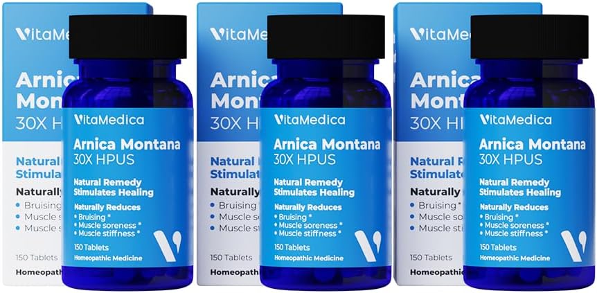 VitaMedica Arnica Montana 30X Homøopatiske tabletter til blå mærker og hævelser 124; plante baseret formel 124; Anbefalet af plastikkirurger 124; Natural Recovery Kirurgi eller kvæstelser 124; 3 Pack- 124; 150 Servere