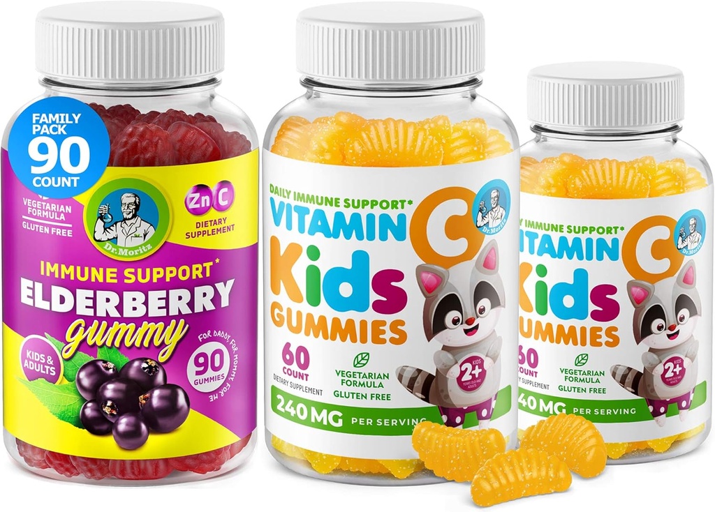 DR. MORITZ Vitamin C Gummies og Elderberry Gummies for børn og voksne - immunforsvar Lav- Sukker Chewable Gummy Vitaminer for tandlæger - Vegetarisk Gelatin- Gratis kosttilskud