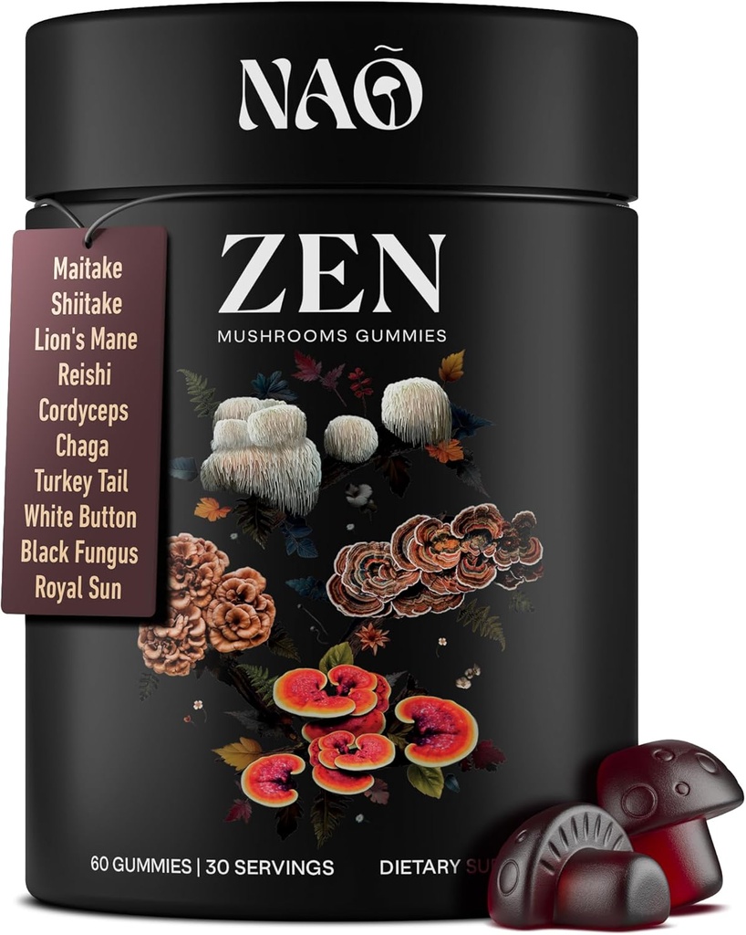 NAO Lavet i USA 10- in-1 Mushroom Gummies Nootrop - Premium Blend med Reishi, Lions Mane, Chaga, Cordyceps, Shiitake, Maitake & Tyrkiet Hale for Brain, Immunation & Energy Support -Non- GMO, Vegan