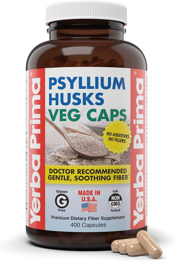 Yerba Prima Psyllium Husks Veg Caps, 400 Kapsler (625 mg) - Vegan, Non- GMO, Gluten Free, Colon Cleanser, Daily Fiber Supplement for Gut Health & Regularity