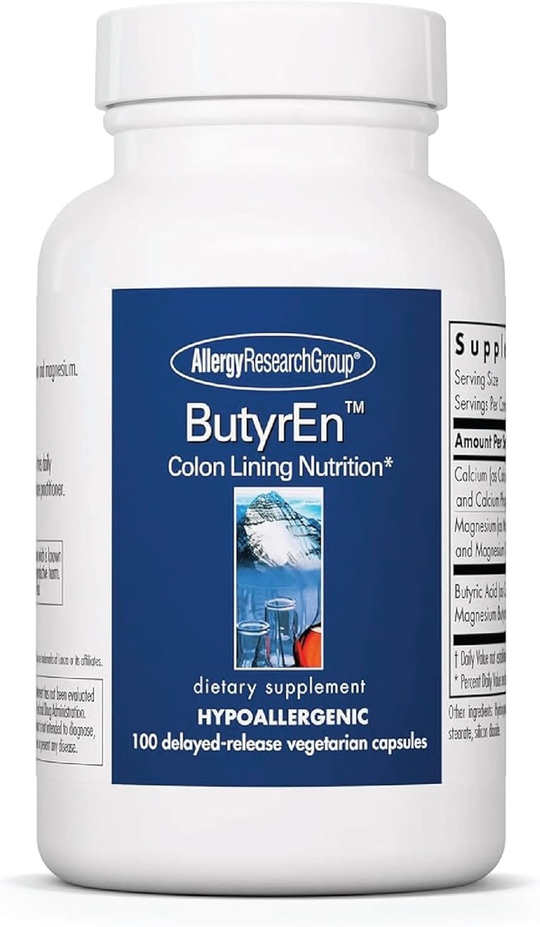 Allergy Research Group Butyren - Butyrate Gut Health Supplement for kvinder og mænd, Colon og fordøjelsesstøtte med Tributyrat Complex, Butyric Acid - 100 Forsinkede Release Vegetariske Kapsler