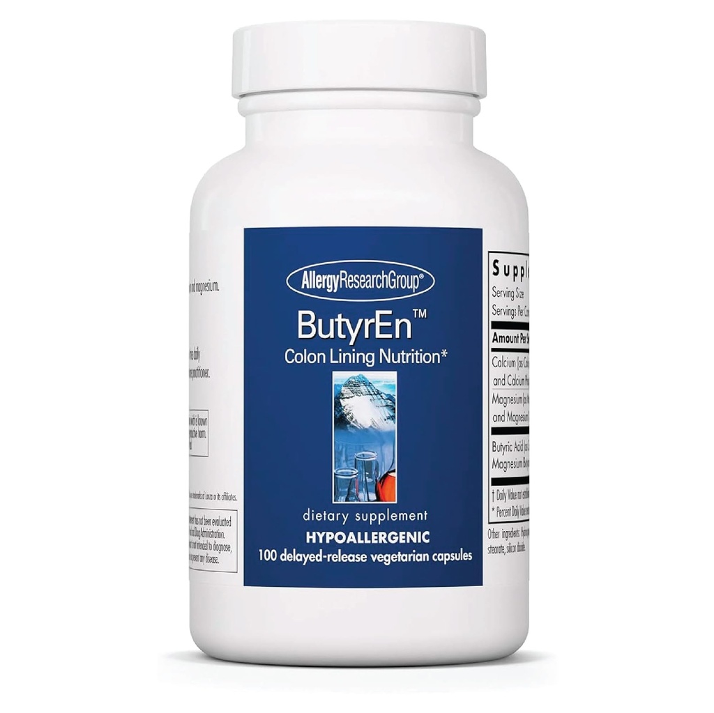 Allergy Research Group Butyren - Butyrate Gut Health Supplement for kvinder og mænd, Colon og fordøjelsesstøtte med Tributyrat Complex, Butyric Acid - 100 Forsinkede Release Vegetariske Kapsler