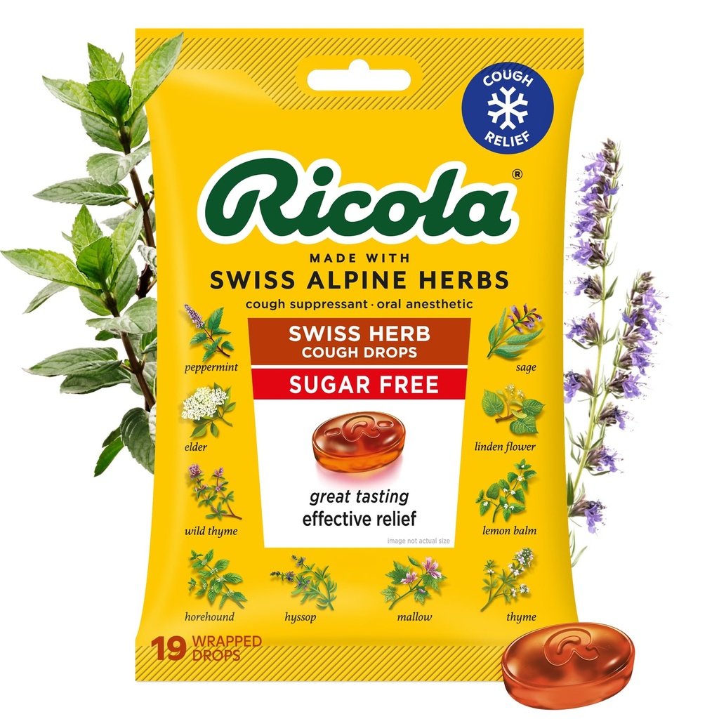 Ricola Sugar Free Swiss Herb Host Drops, 19 Greve, Hough suppressant & Halsen Lempelse Drops med naturligt souced menthol, Tilfredsstillende smag for hoste & Hals Irritation Symptomer Relief