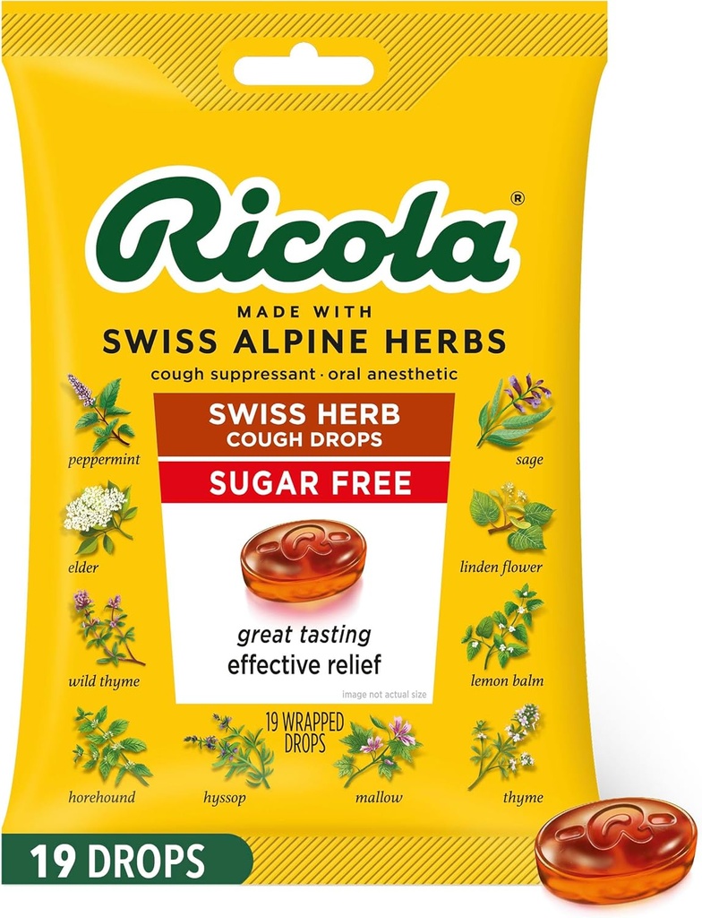 Ricola Sugar Free Swiss Herb Host Drops, 19 Greve, Hough suppressant & Halsen Lempelse Drops med naturligt souced menthol, Tilfredsstillende smag for hoste & Hals Irritation Symptomer Relief