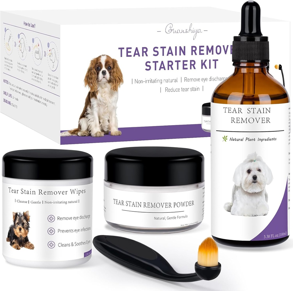 Hund Tear Stain Remover Starter Kit, med Witch Hazel Extract, Fjern Tear Stains, Decharge & Mucus, omfatter Stain Solution, Applikator Tør, Stain Powder & Brush, varer 30- 45 dage