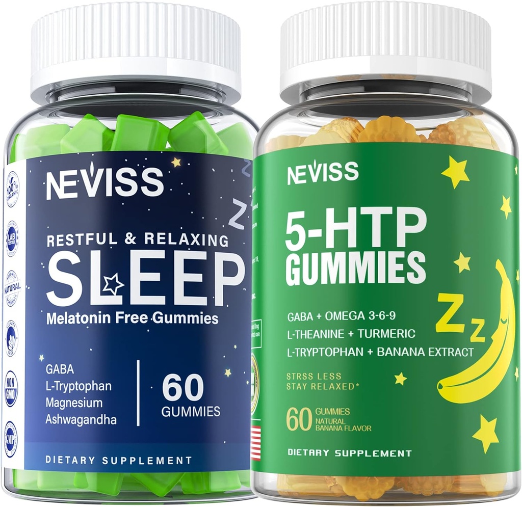 Melatonin Free Sleep Aid Gummies + 5-HTP Gummies for voksne, med GABA, L-Theanine, L-Tryptophan, Magnesium, Ashwagandha, Gurkemeje - Non-Habit Forming, Banana Extract Hjælp til dyb afslapning, Calm