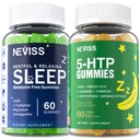 Melatonin Free Sleep Aid Gummies + 5-HTP Gummies for voksne, med GABA, L-Theanine, L-Tryptophan, Magnesium, Ashwagandha, Gurkemeje - Non-Habit Forming, Banana Extract Hjælp til dyb afslapning, Calm